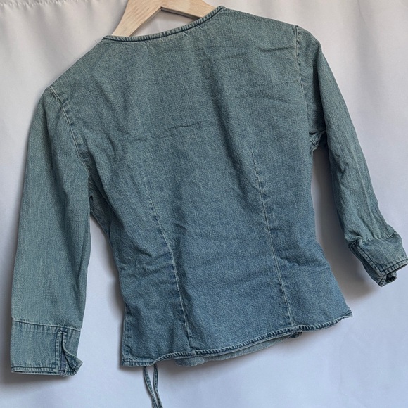 New York & Company Women’s Denim Wrap Blouse with Red Floral Embroidery, Small - Picture 3 of 8